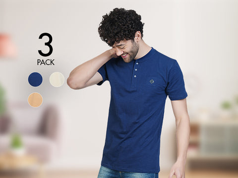 Fresco 100% BCI Cotton Half Sleeve Henley (Pack of 3) - Almo