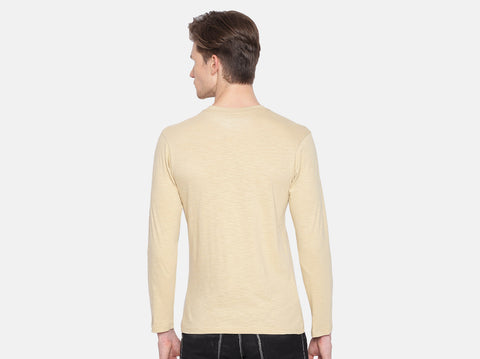 BCI Cotton slub henley t-shirt for men. Winters are coming & this fluu sleeves t-shirt for men is all you need. Get a combo of 3 & Almo-date your wardrobe.